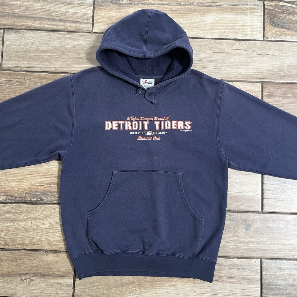 Vintage MLB Detroit Tigers Majestic Navy Blue Mens Medium Hoodie 2002 - Picture 2 of 12